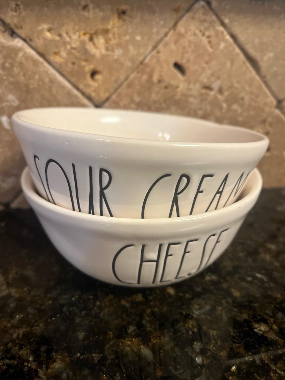 Rae Dunn White Ceramic Bowls with Black Script - "Sour Cream" & "Cheese"